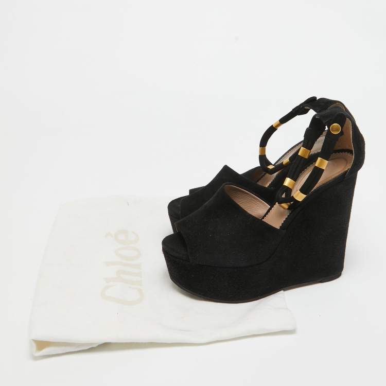 Pre Owned Chloe Black Suede Platform Wedge Ankle Strap Sandals Size 39