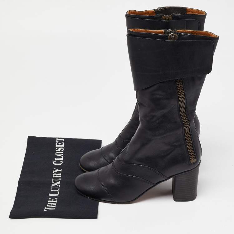 مملوكة مسبقًا Chloe Black Leather Block Heel Mid Calf Boots Size 37