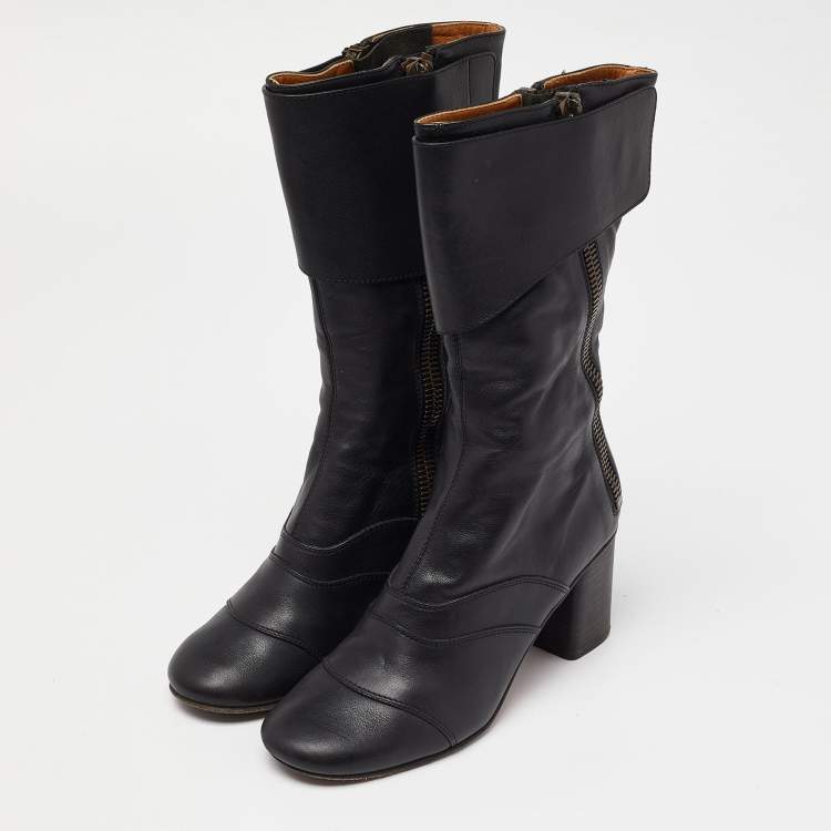 مملوكة مسبقًا Chloe Black Leather Block Heel Mid Calf Boots Size 37