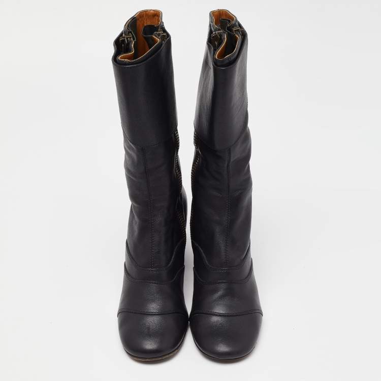 مملوكة مسبقًا Chloe Black Leather Block Heel Mid Calf Boots Size 37