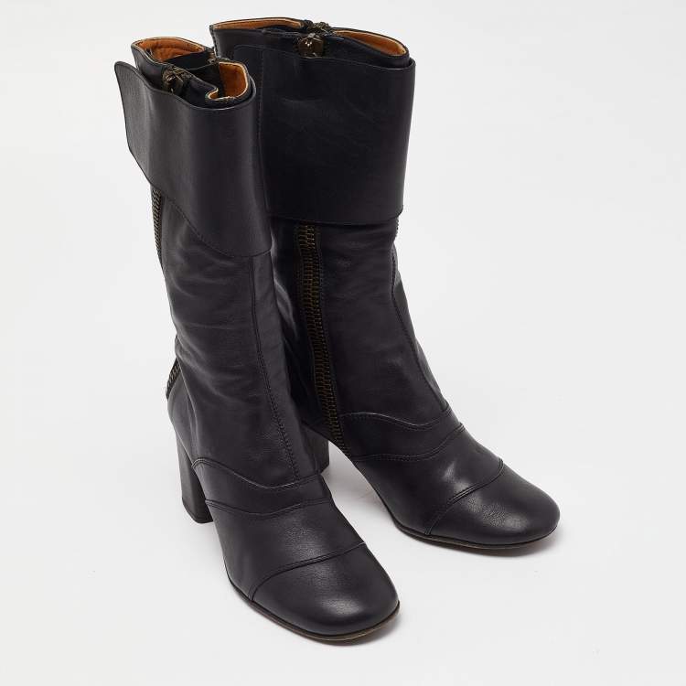 مملوكة مسبقًا Chloe Black Leather Block Heel Mid Calf Boots Size 37