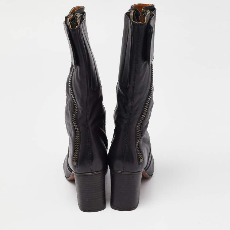 مملوكة مسبقًا Chloe Black Leather Block Heel Mid Calf Boots Size 37