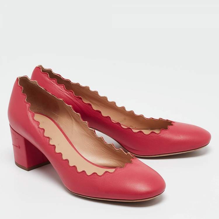 Pre Owned Chloe Pink Leather Scalloped Block Heel Pumps Size 36