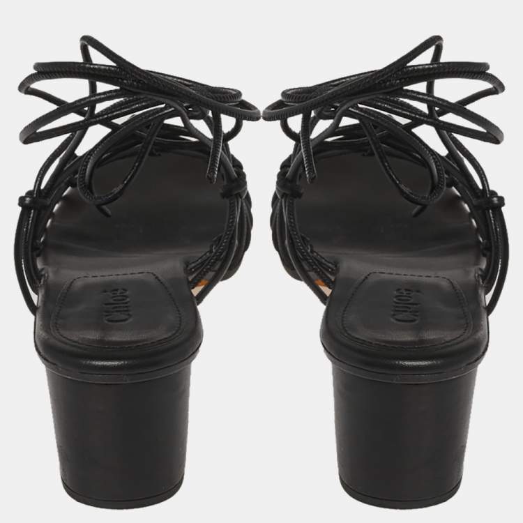 Pre Owned Chloe Black Leather Jamie Knot Ankle Wrap Sandals Size 38.5
