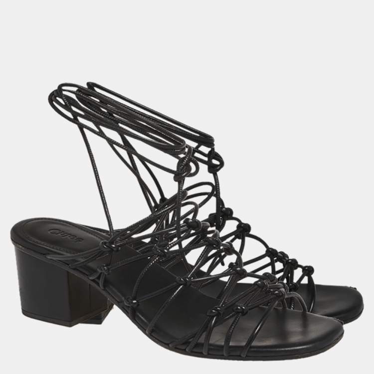 Pre Owned Chloe Black Leather Jamie Knot Ankle Wrap Sandals Size 38.5