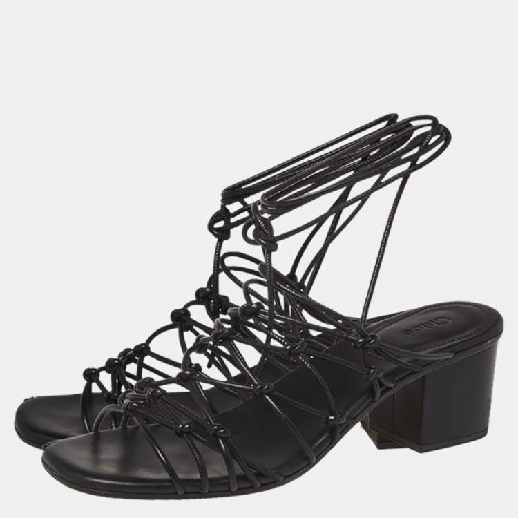 Pre Owned Chloe Black Leather Jamie Knot Ankle Wrap Sandals Size 38.5