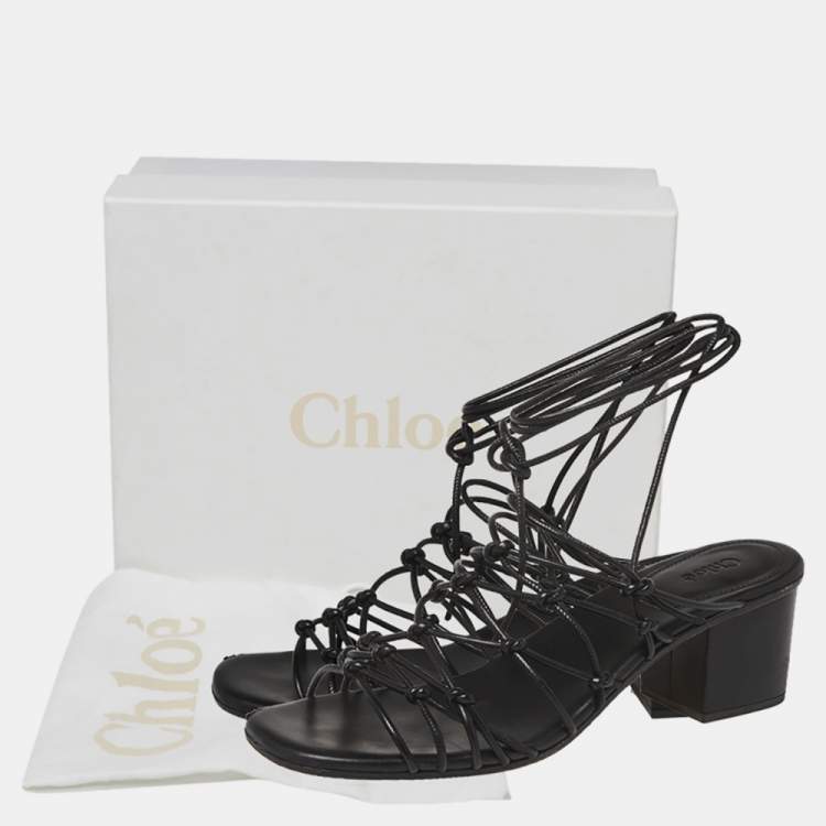 Pre Owned Chloe Black Leather Jamie Knot Ankle Wrap Sandals Size 38.5