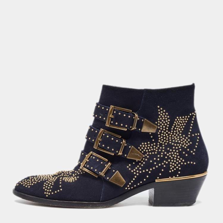 Pre Owned Chloe Blue Suede Western Studded Buckle Detail Ankle Boots Size 37
