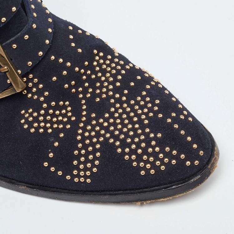 Pre Owned Chloe Blue Suede Western Studded Buckle Detail Ankle Boots Size 37