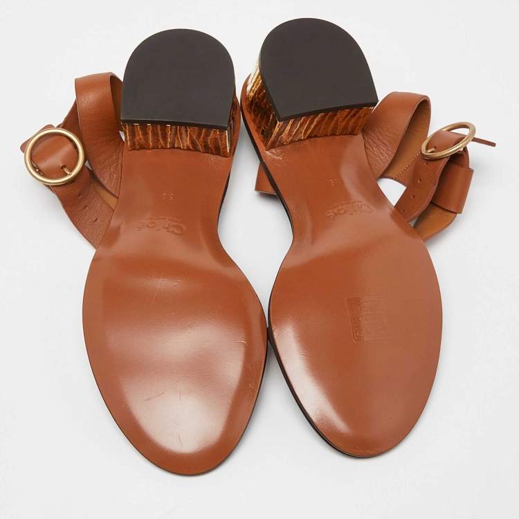 Pre Owned Chloe Brown Leather Block Heel Ankle Strap Sandals Size 39