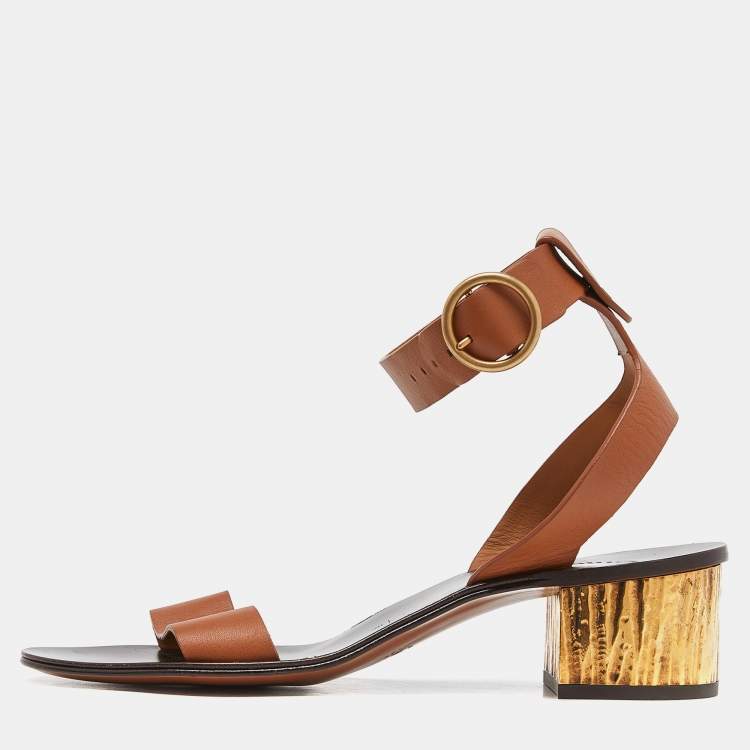 Pre Owned Chloe Brown Leather Block Heel Ankle Strap Sandals Size 39