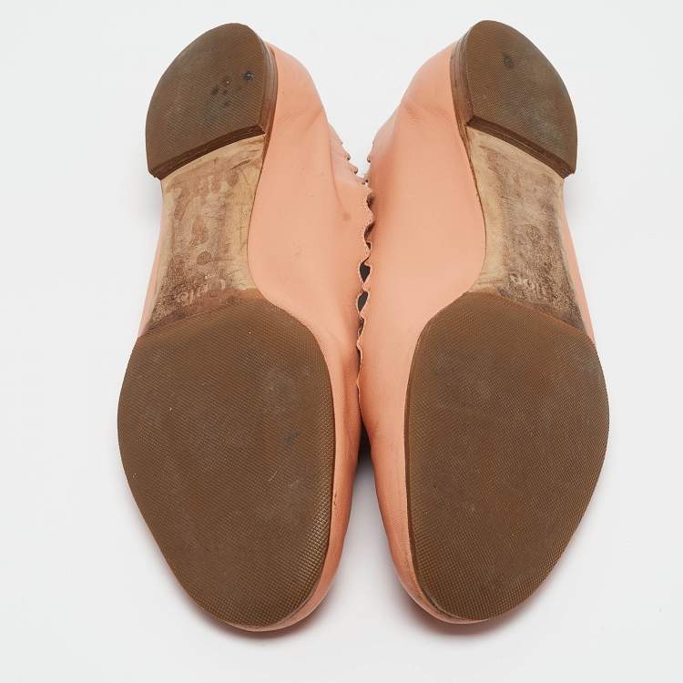Pre Owned Chloe Peach Pink Scalloped Leather Lauren Ballet Flats Size 37