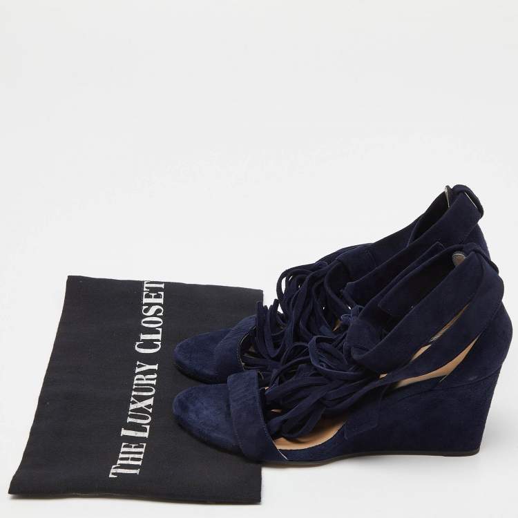Pre Owned Chloe Navy Blue Suede Cross Strap Fringe Detail Wedge Sandals Size 36