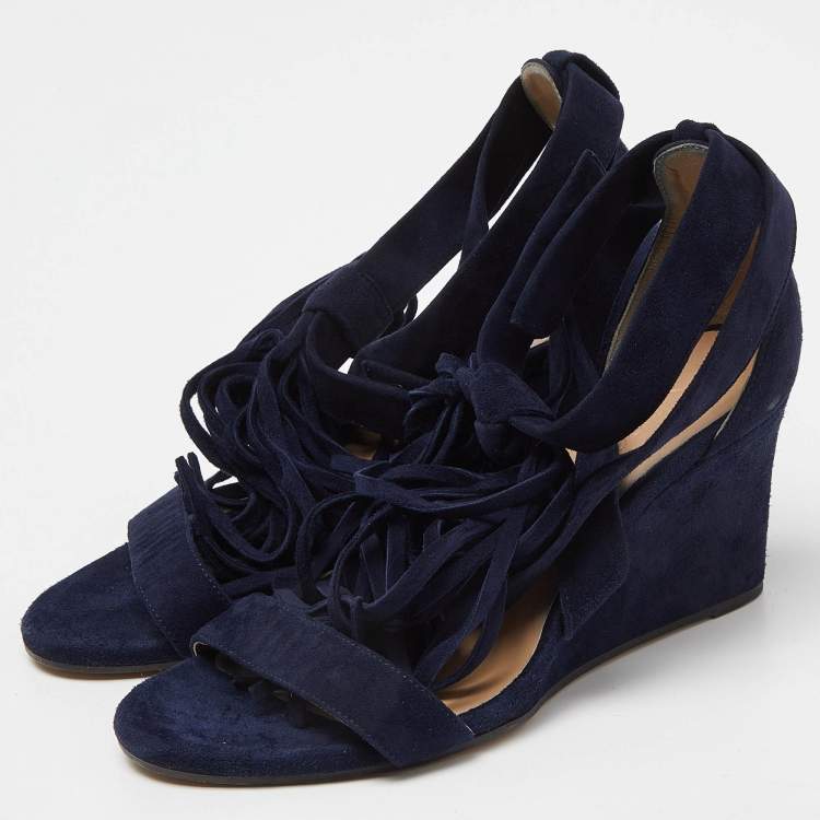 Pre Owned Chloe Navy Blue Suede Cross Strap Fringe Detail Wedge Sandals Size 36