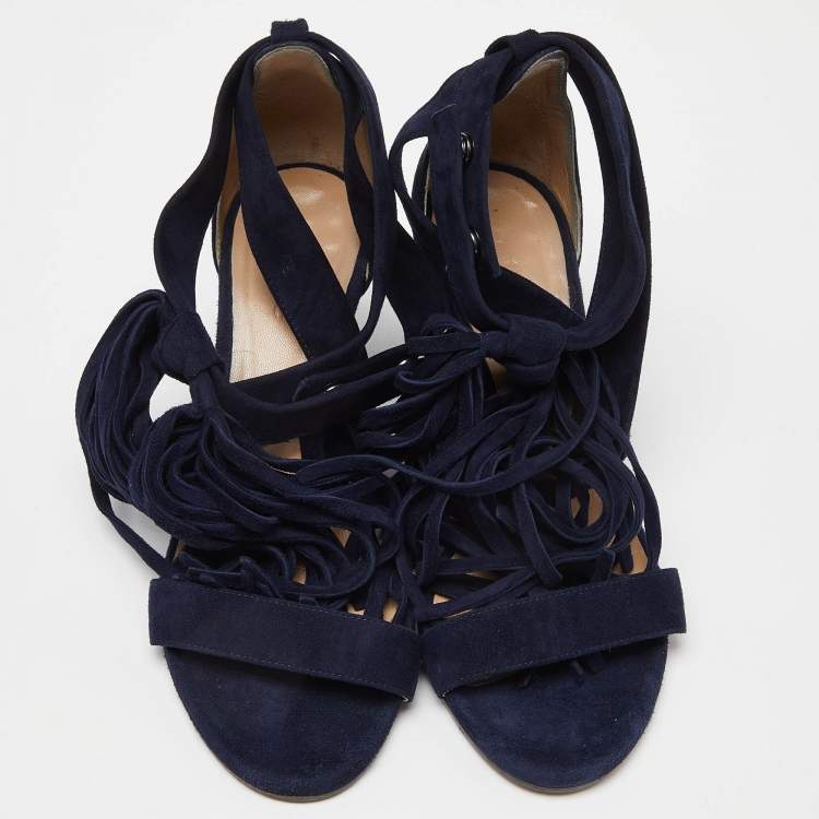 Pre Owned Chloe Navy Blue Suede Cross Strap Fringe Detail Wedge Sandals Size 36