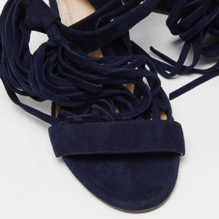 Pre Owned Chloe Navy Blue Suede Cross Strap Fringe Detail Wedge Sandals Size 36