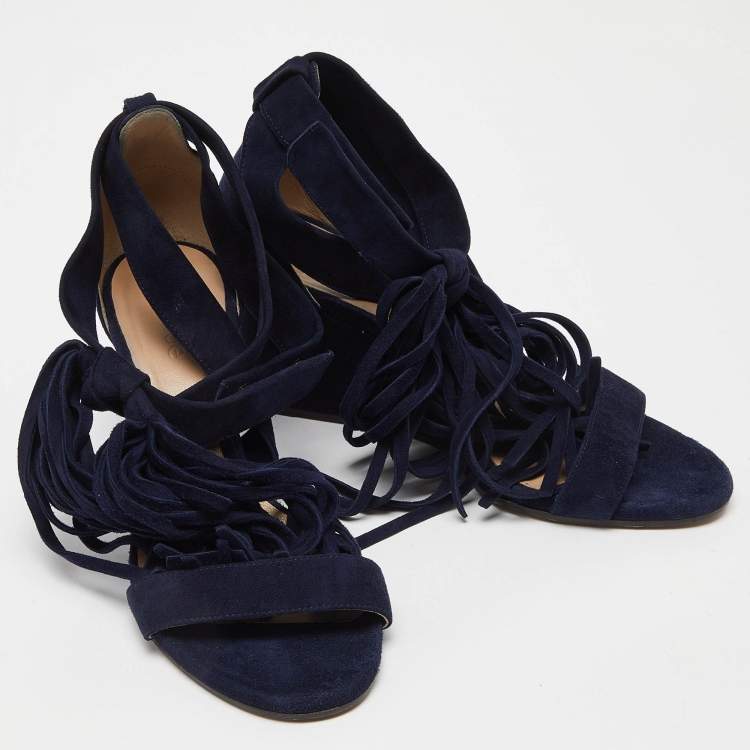 Pre Owned Chloe Navy Blue Suede Cross Strap Fringe Detail Wedge Sandals Size 36