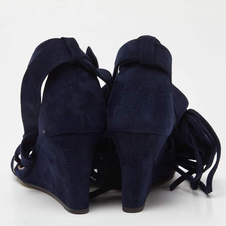 Pre Owned Chloe Navy Blue Suede Cross Strap Fringe Detail Wedge Sandals Size 36