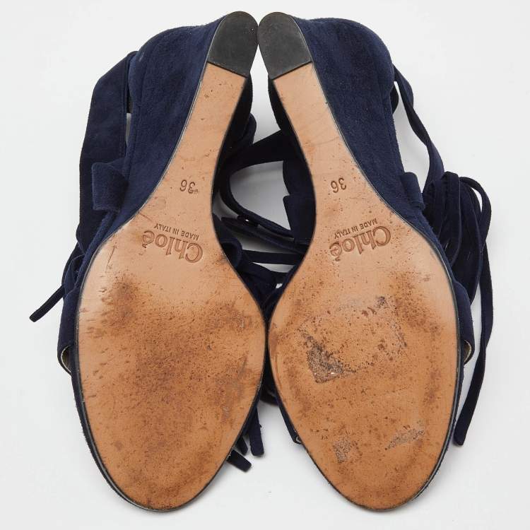 Pre Owned Chloe Navy Blue Suede Cross Strap Fringe Detail Wedge Sandals Size 36