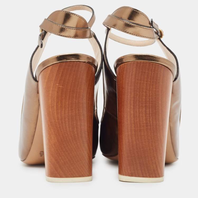 Pre Owned Chloé Metallic Gold Leather Slingback Pumps Size 39