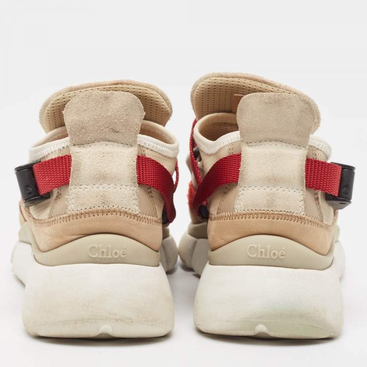 Pre Owned Chloe Beige/Maroon Mesh and Suede Sonnie Sneakers Size 37
