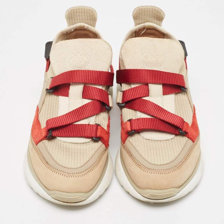 Pre Owned Chloe Beige/Maroon Mesh and Suede Sonnie Sneakers Size 37