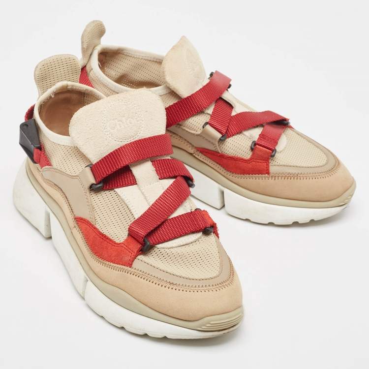 Pre Owned Chloe Beige/Maroon Mesh and Suede Sonnie Sneakers Size 37
