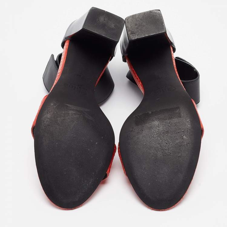 مملوكة مسبقًا Chloe Red/Black Leather and Snake Skin Block Heel Ankle Cuff Sandals Size 37