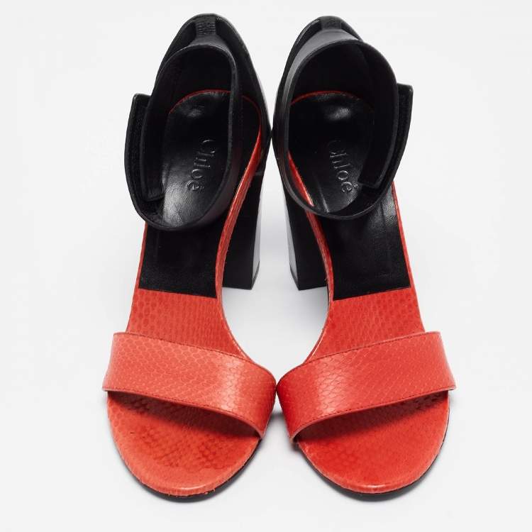 مملوكة مسبقًا Chloe Red/Black Leather and Snake Skin Block Heel Ankle Cuff Sandals Size 37