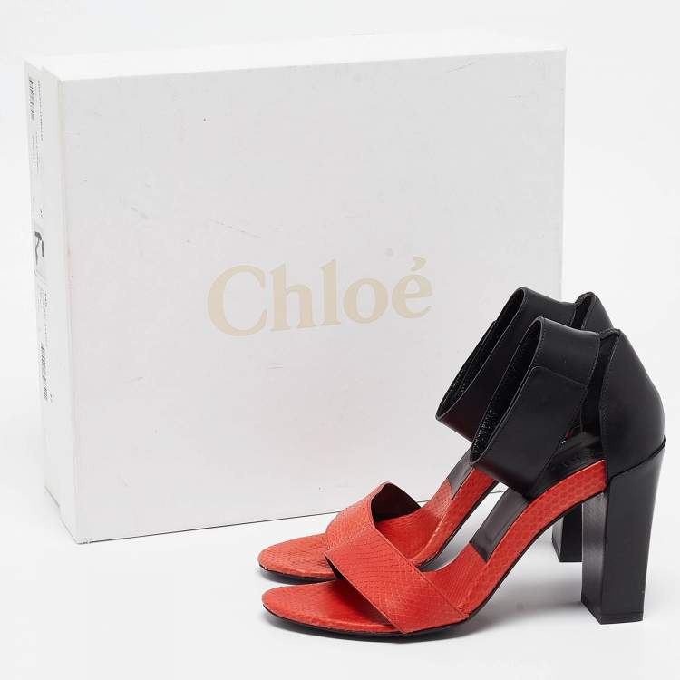 مملوكة مسبقًا Chloe Red/Black Leather and Snake Skin Block Heel Ankle Cuff Sandals Size 37