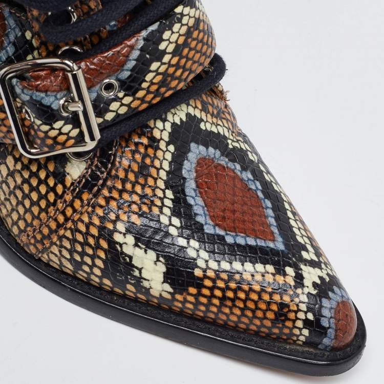 Pre Owned Chloe Multicolor Python Embossed Leather Rylee Cut Out Buckle Detail Ankle Boots Size 37.5