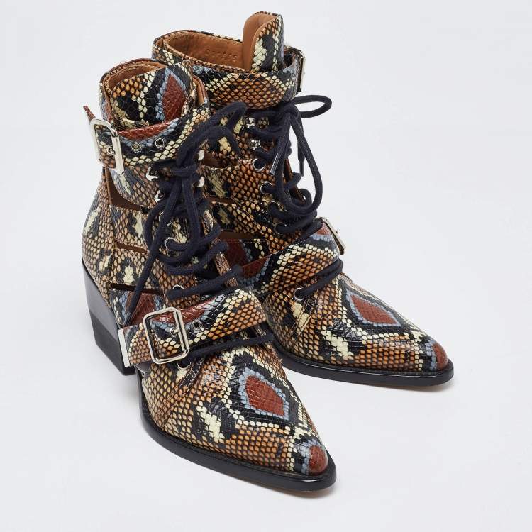 Pre Owned Chloe Multicolor Python Embossed Leather Rylee Cut Out Buckle Detail Ankle Boots Size 37.5