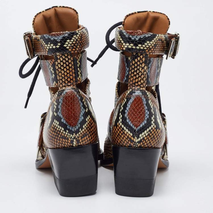 Pre Owned Chloe Multicolor Python Embossed Leather Rylee Cut Out Buckle Detail Ankle Boots Size 37.5