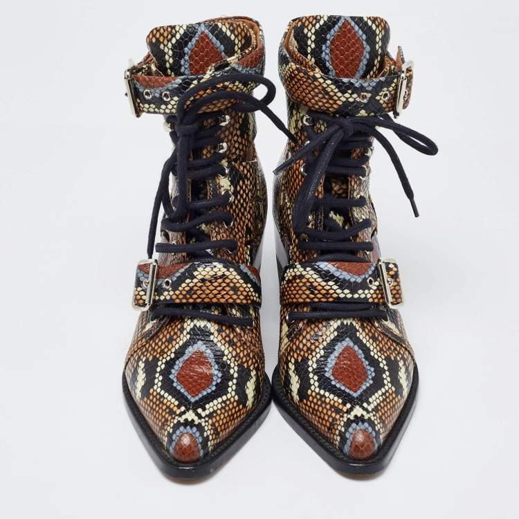 Pre Owned Chloe Multicolor Python Embossed Leather Rylee Cut Out Buckle Detail Ankle Boots Size 37.5