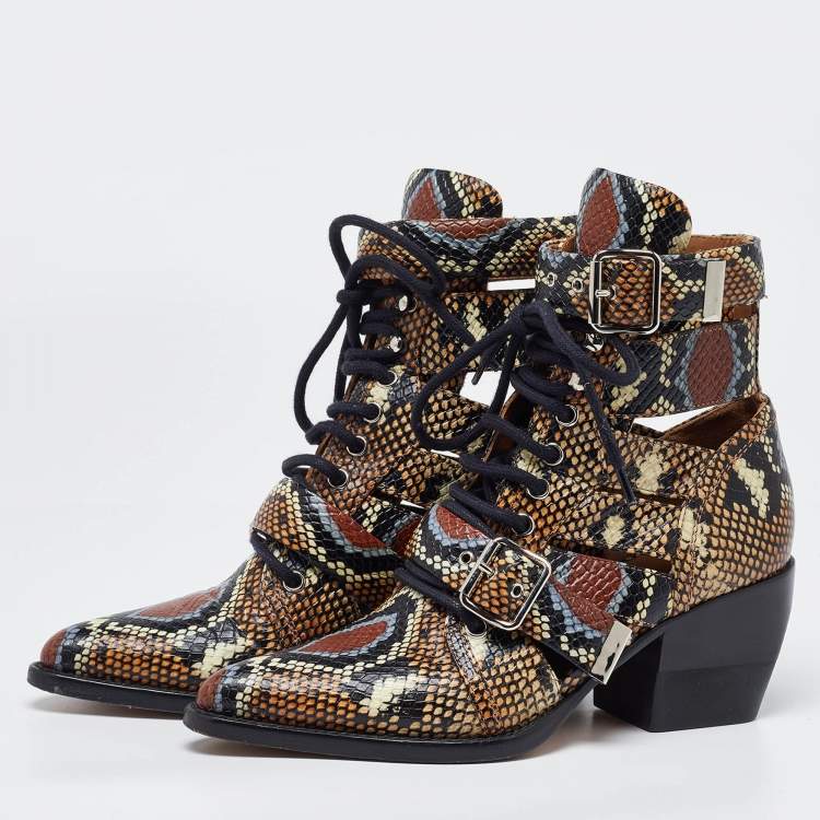 Pre Owned Chloe Multicolor Python Embossed Leather Rylee Cut Out Buckle Detail Ankle Boots Size 37.5