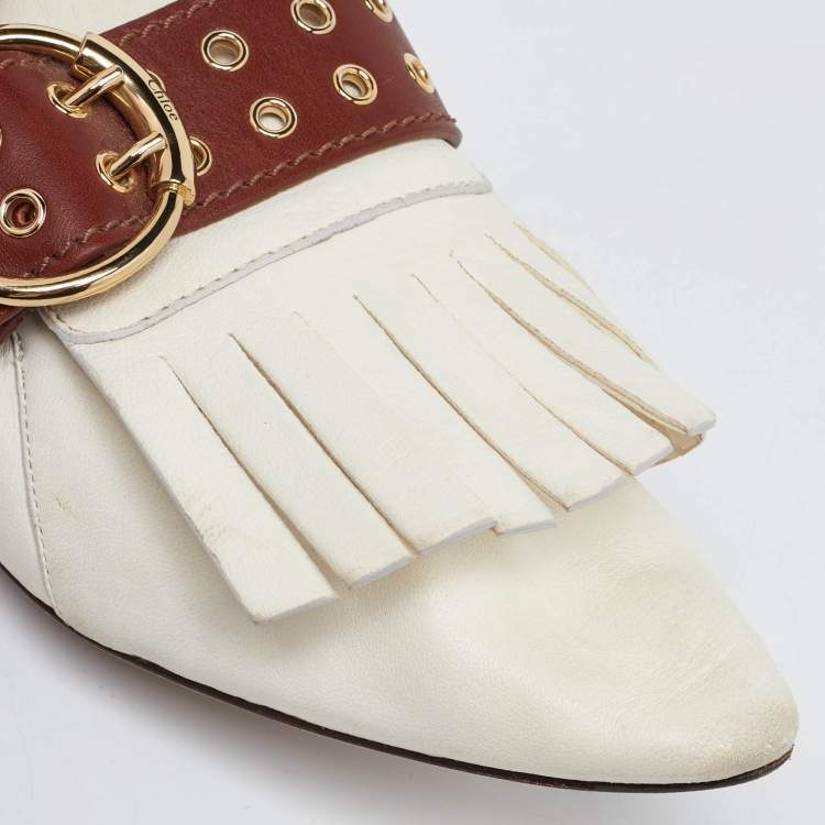 Pre Owned Chloe White/Brown Leather Fringe Ballet Flats Size 41