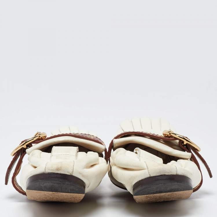 Pre Owned Chloe White/Brown Leather Fringe Ballet Flats Size 41