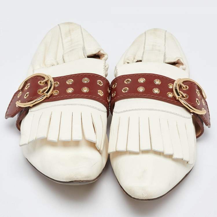 Pre Owned Chloe White/Brown Leather Fringe Ballet Flats Size 41