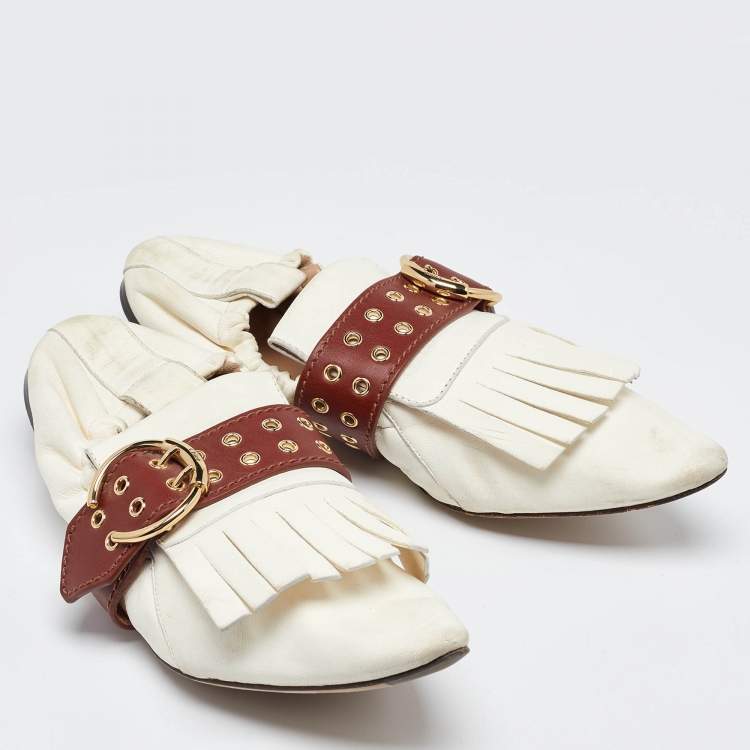 Pre Owned Chloe White/Brown Leather Fringe Ballet Flats Size 41