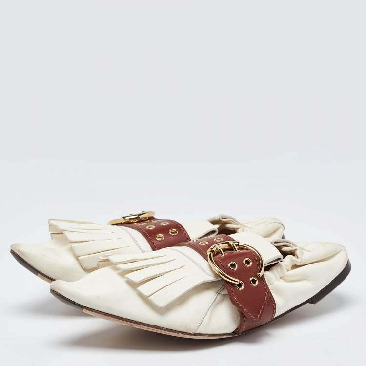 Pre Owned Chloe White/Brown Leather Fringe Ballet Flats Size 41
