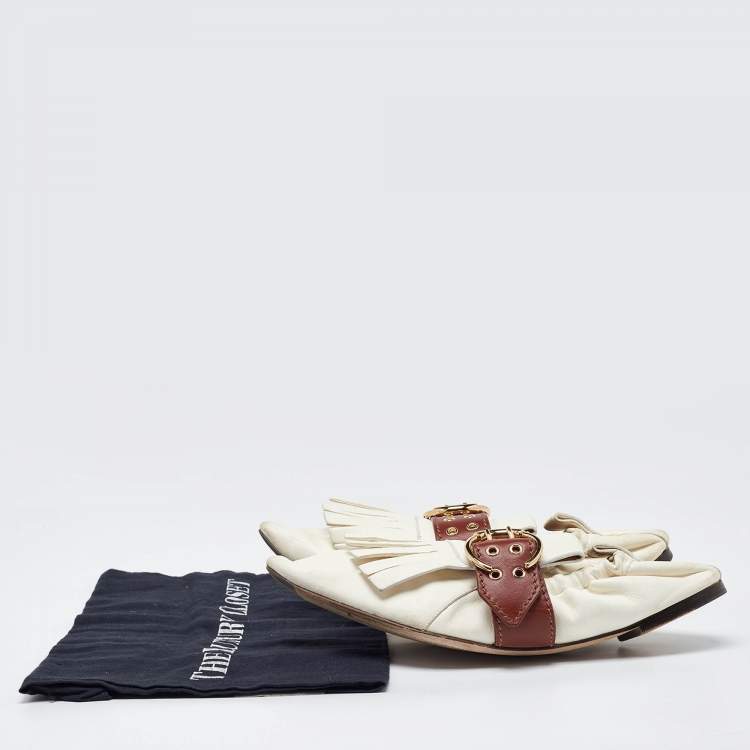 Pre Owned Chloe White/Brown Leather Fringe Ballet Flats Size 41