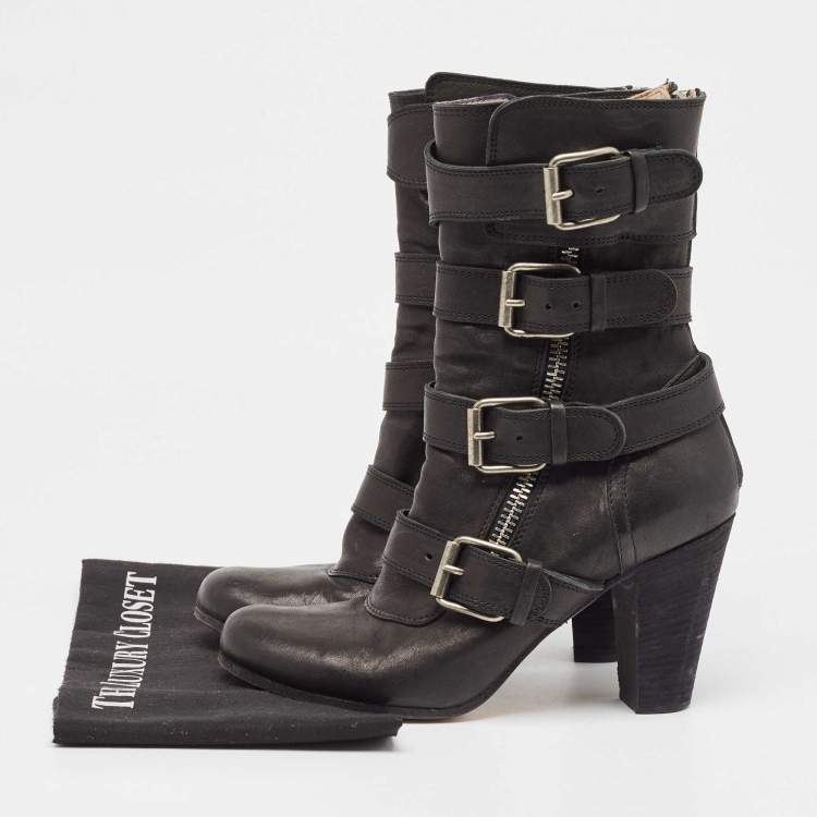 Pre Owned Chloe Black Leather Buckle Detail Block Heel Ankle Boots Size 38.5