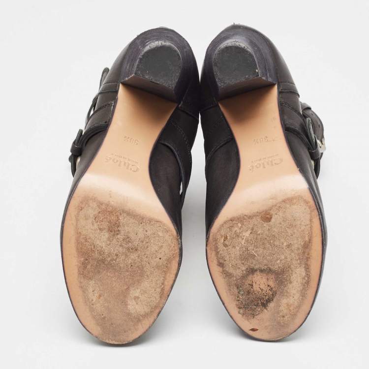 Pre Owned Chloe Black Leather Buckle Detail Block Heel Ankle Boots Size 38.5