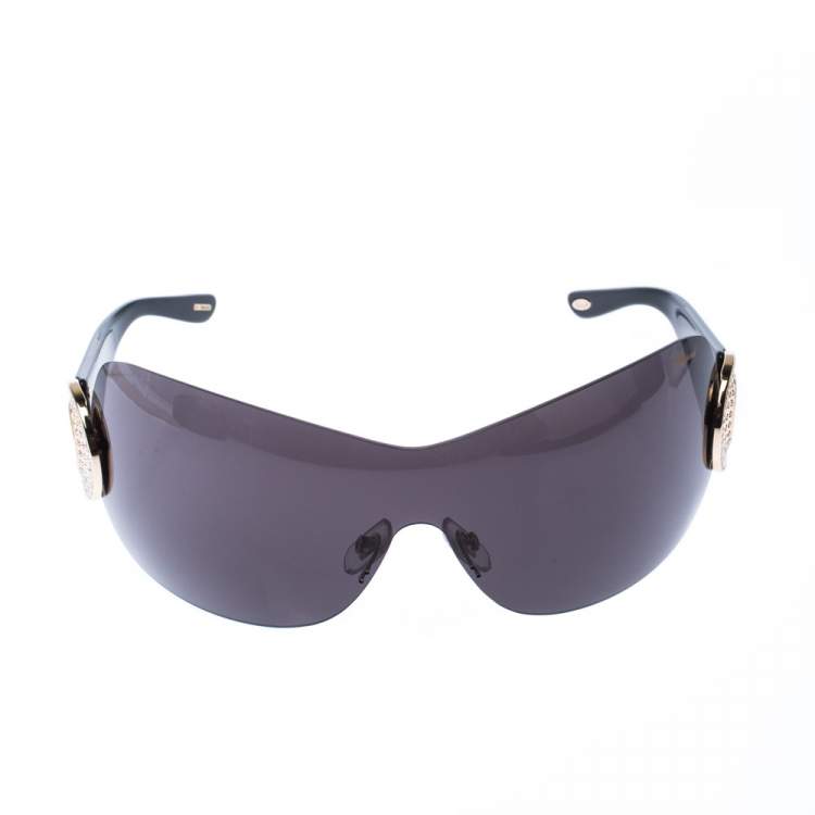 Pre Owned Chopard Black SCH939S Embellished Shield Sunglasses