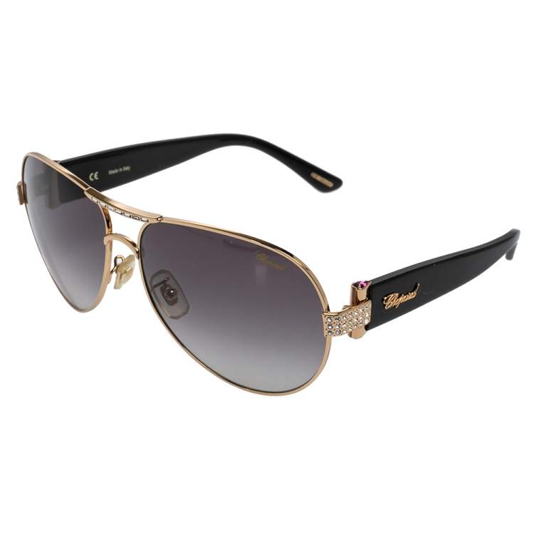 Pre Owned Chopard Gold Tone/Black Acetate SCH 866S Crystal Embellished Gradient Aviator Sunglasses
