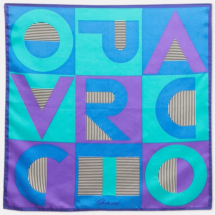 Pre Owned Chopard Blue/Multicolor Logo Print Silk Scarf 