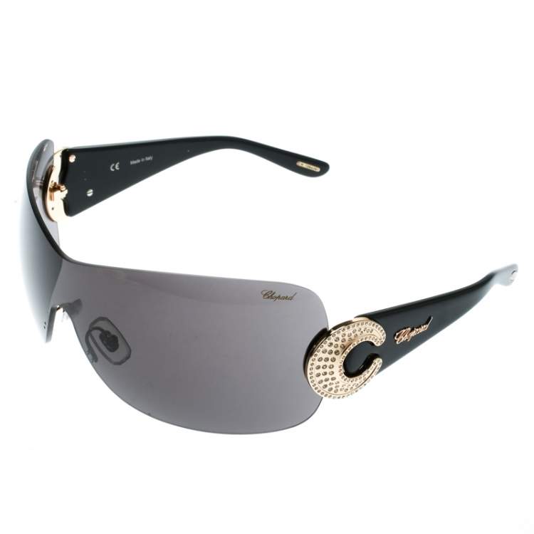 Pre Owned Chopard Black SCH939S Embellished Shield Sunglasses