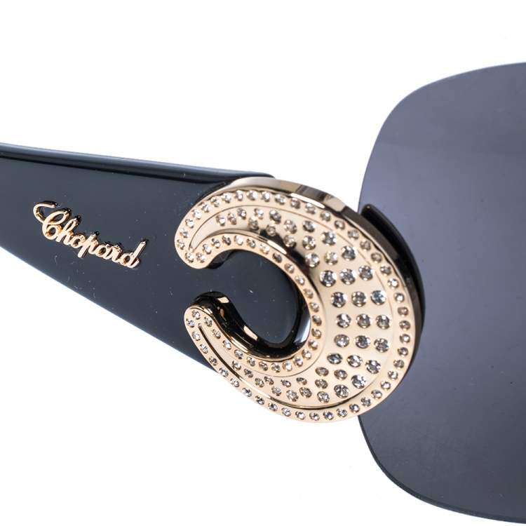 Pre Owned Chopard Black/ Grey Crystal Embellished SCH939S Shield Sunglasses
