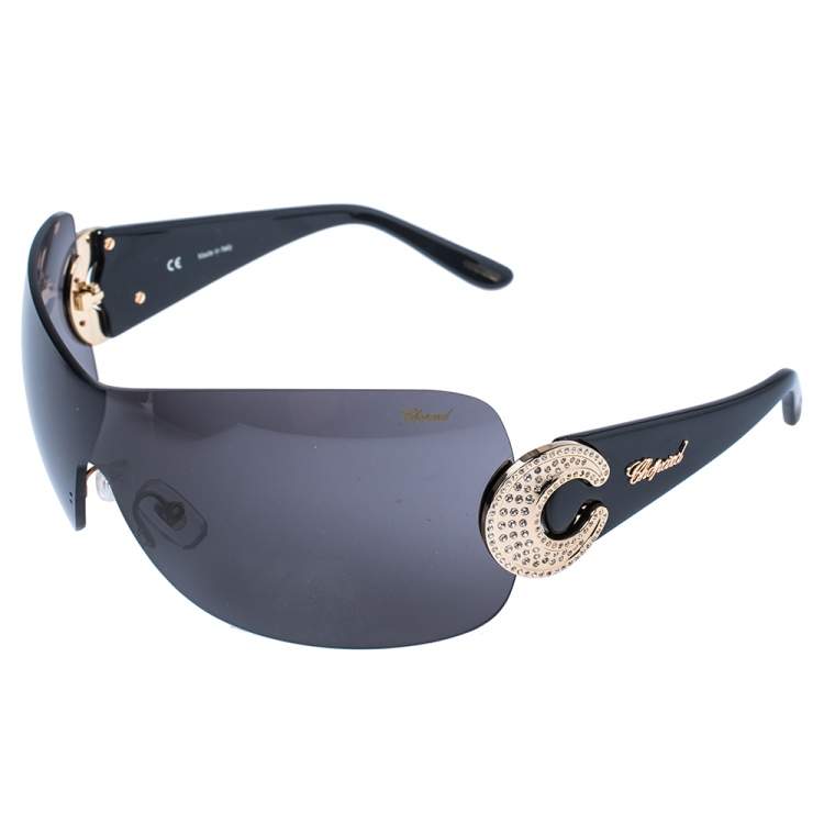 Pre Owned Chopard Black/ Grey Crystal Embellished SCH939S Shield Sunglasses