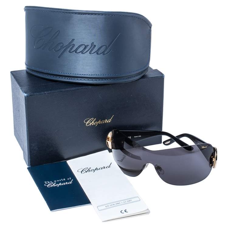 Pre Owned Chopard Black/ Grey Crystal Embellished SCH939S Shield Sunglasses